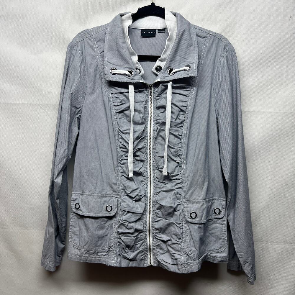 Tribal Striped Blue/White Full Zip/Button Front Women's Jacket Size 14